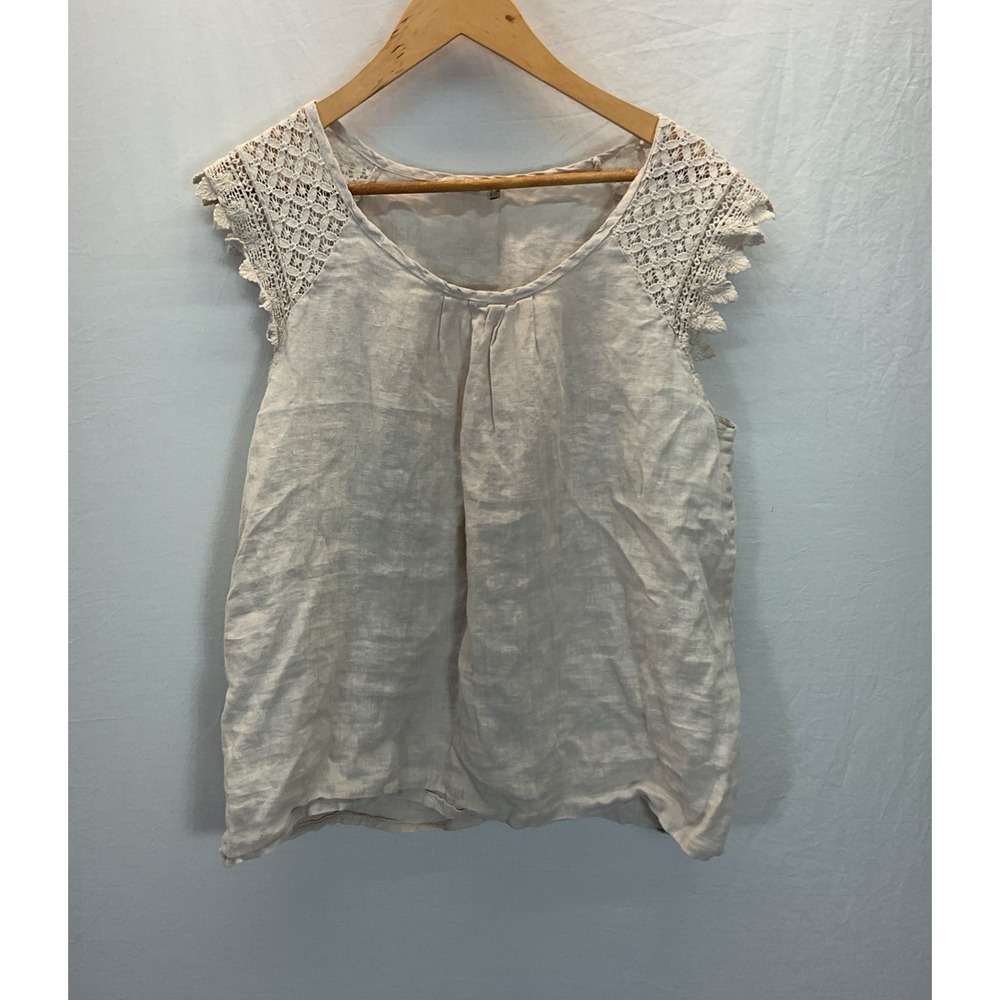 Sunflower Beige Linen Sleeveless Blouse Sz M‎ Made In Italy Crochet Lace Boho